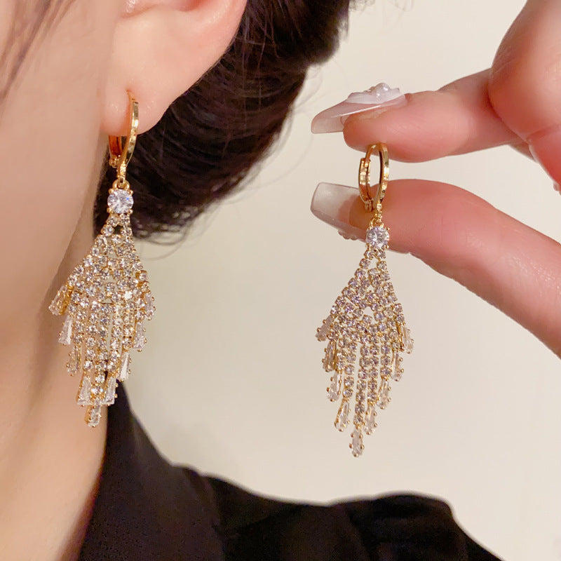 14K Gold-Plated Full Zircon Tassel Earrings- Elegant Statement