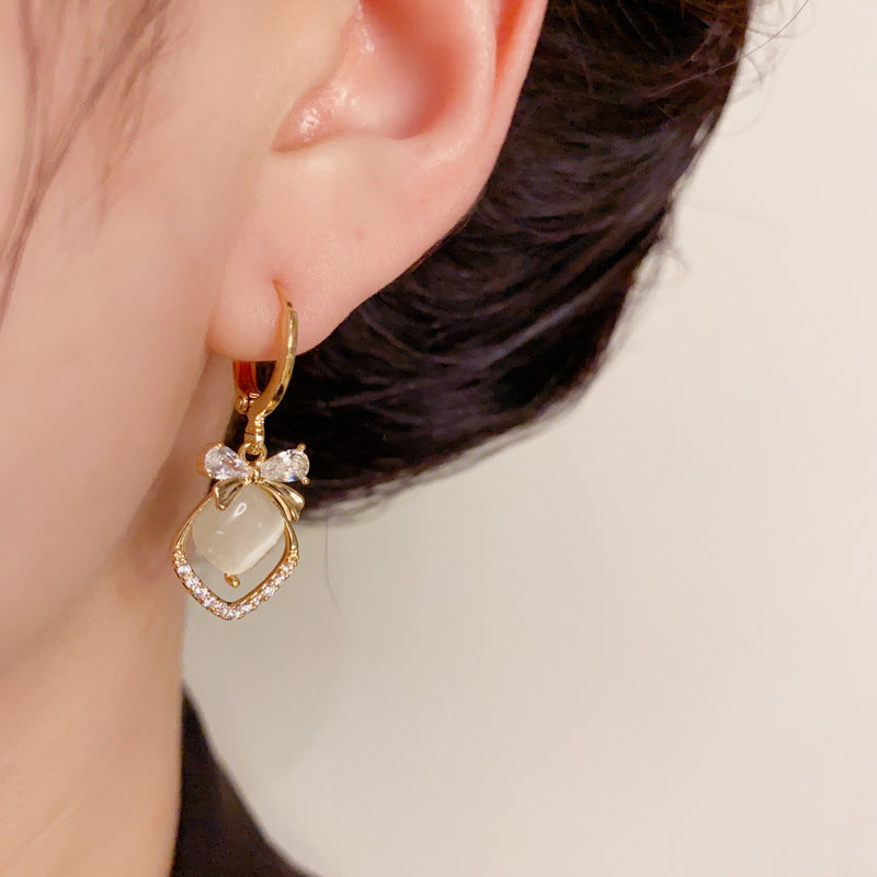 14K Gold Butterfly Bow Cat’s Eye Diamond Hoop Earrings– Elegant Design