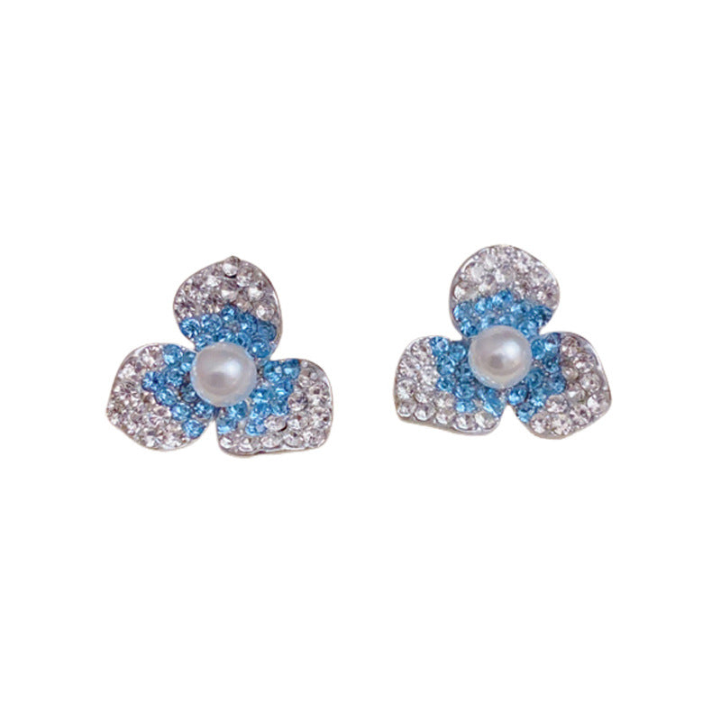 Zircon Gradient Three-Leaf Flower Stud Earrings – S925 Silver Needle