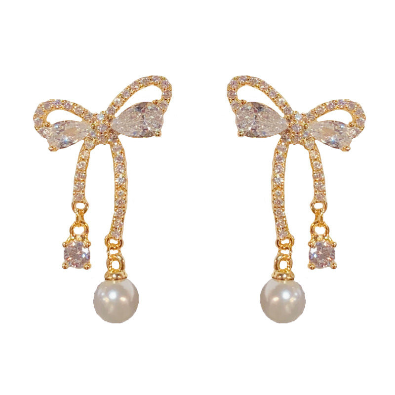 14K Gold Zircon Bowknot Drop Earrings - Chic Elegance Design