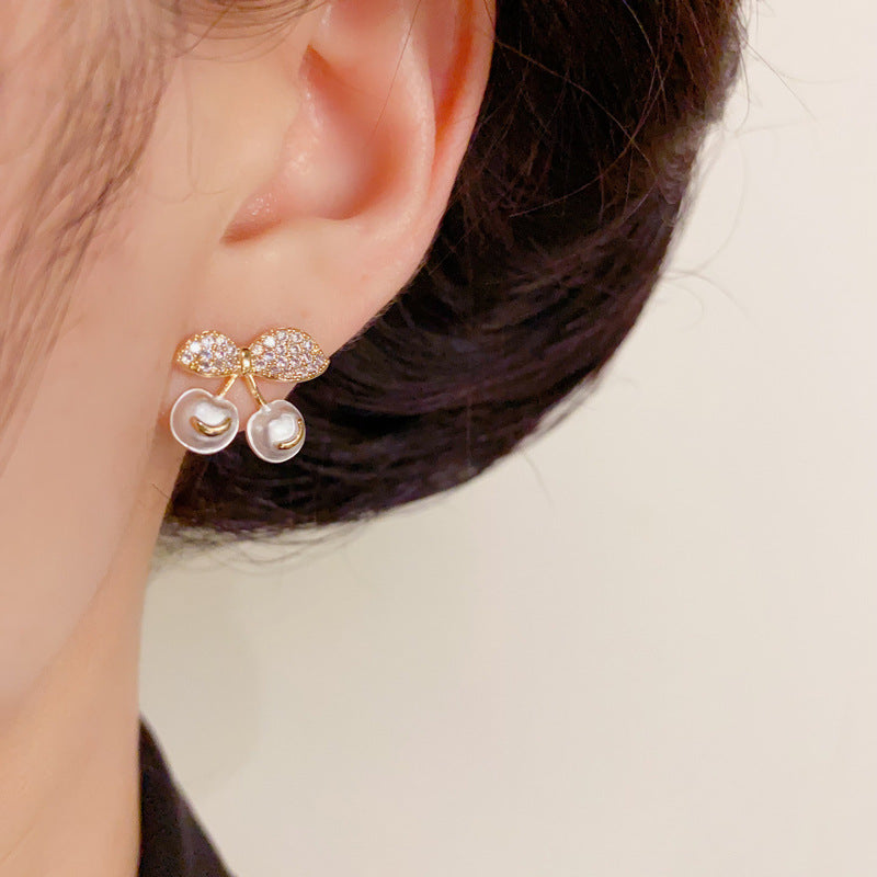 14K Gold Minimalist Zircon&Pearl Cherry Stud Earrings – Elegant Design