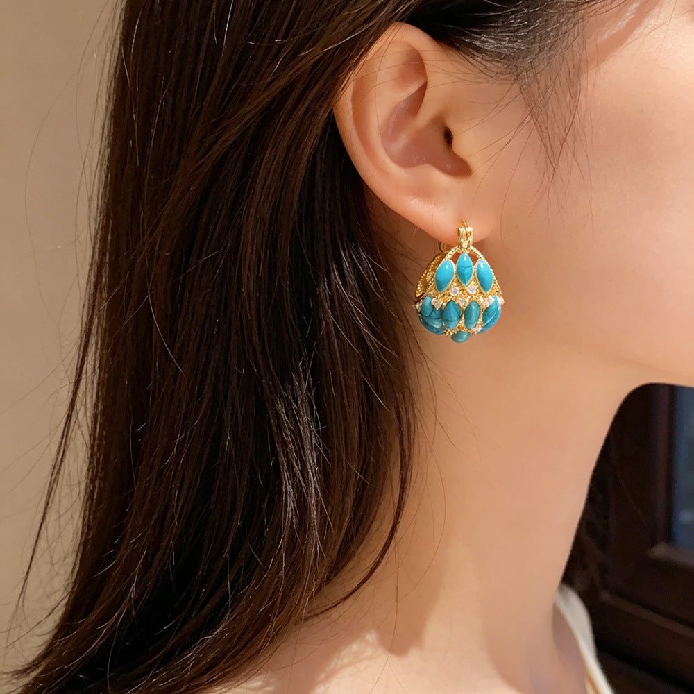 Eaioncol Turquoise Basket Hoop Earrings Gold