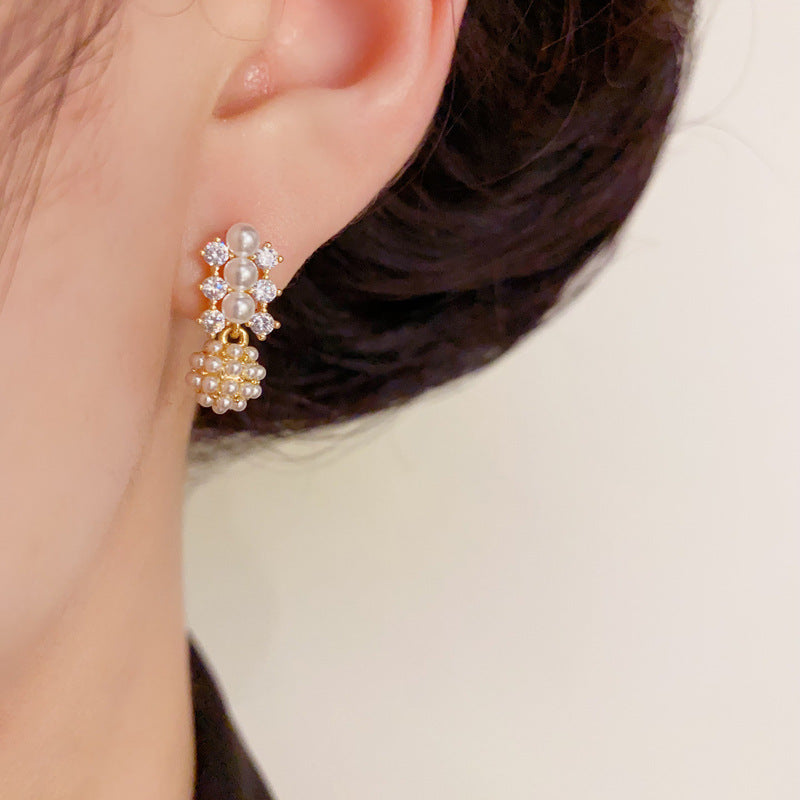 14K Gold Minimalist Zircon & Pearl Ball Stud Earrings – Elegant Design