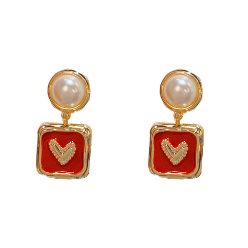 Elegant Pearl Square Heart Drop Earrings – Geometric Design