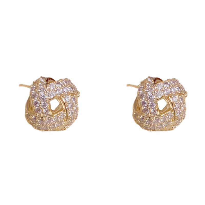 Luxury Full-Zircon Winding Round Stud Gold Earrings – Geometric Design