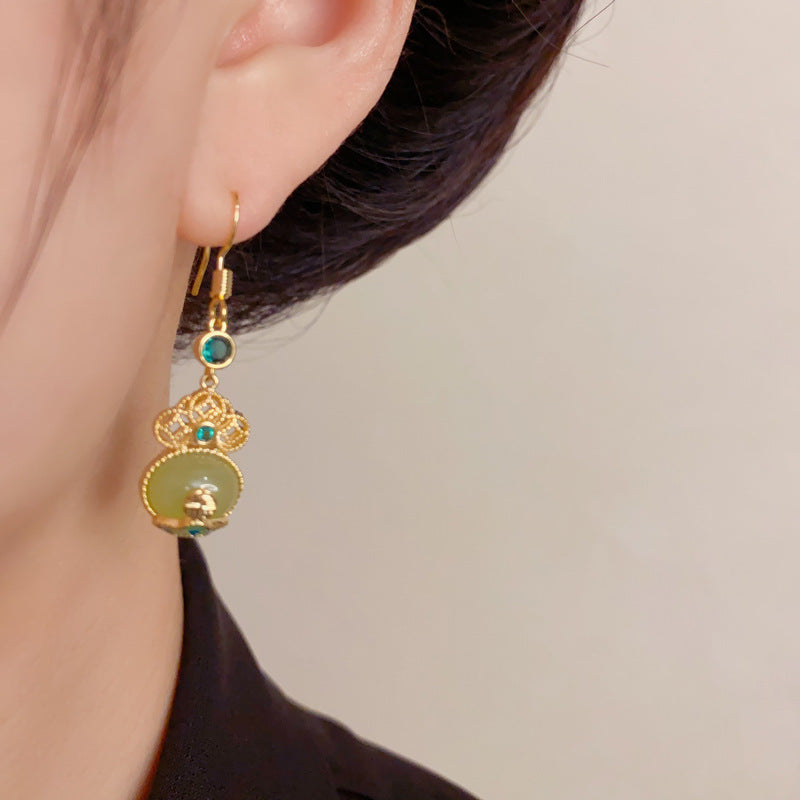 Elegant Imitation Jade Gourd Tassel Drop Earrings – Auspicious Design