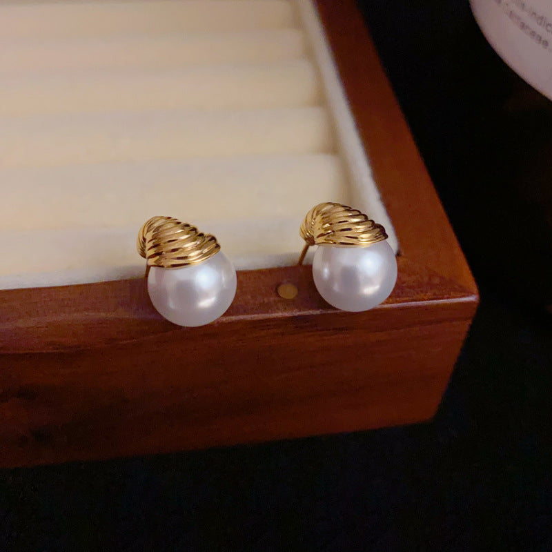 14K Gold-Plated Metal Pearl Stud Earrings – Elegant Minimalist Design