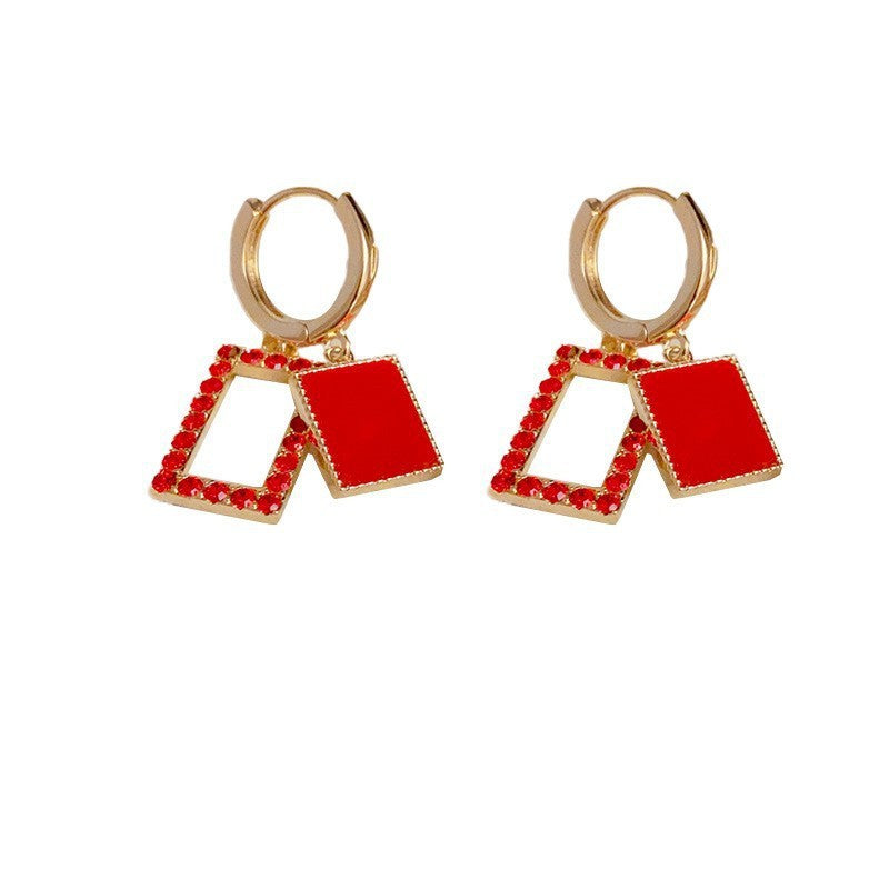 14K Gold-Plated Red Diamond Geometric Hoop Earrings - Bold Elegance