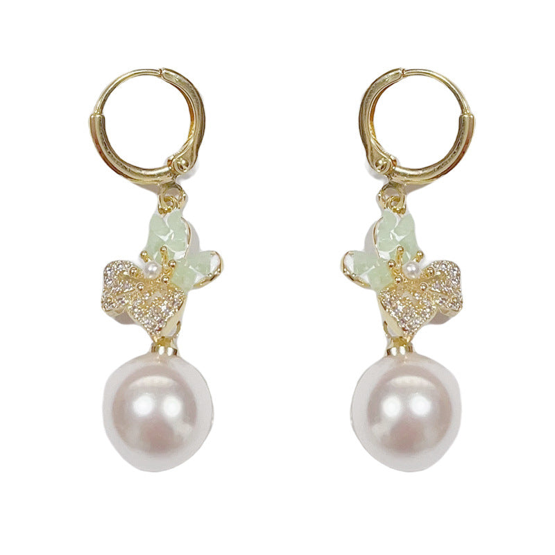 14K Gold Zircon Crystal Butterfly Pearl Drop Earrings – Elegant Design