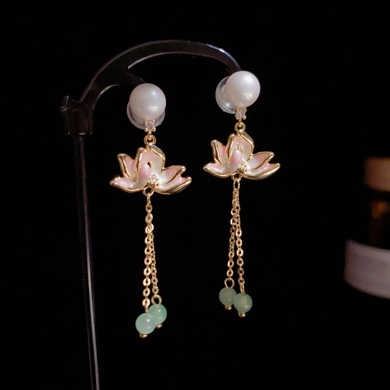 14K Gold Pearl Lotus Tassel Earrings – Elegant Floral Drop Design
