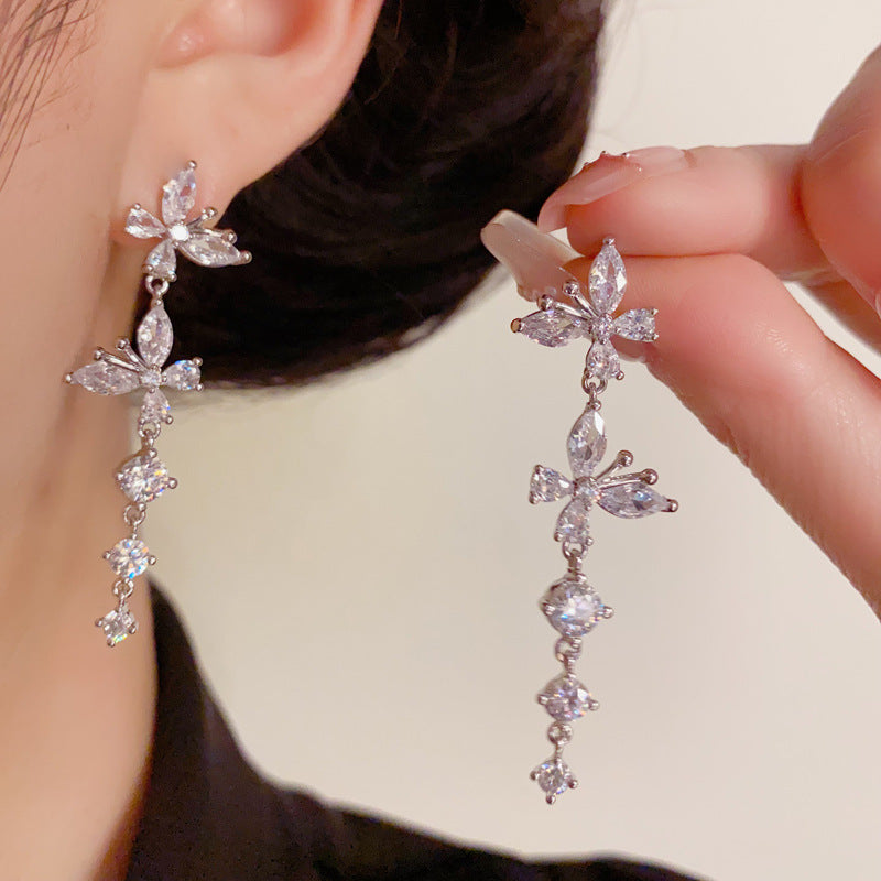 14K Glod Luxury Zircon Butterfly Tassel Drop Earrings – Elegant Design