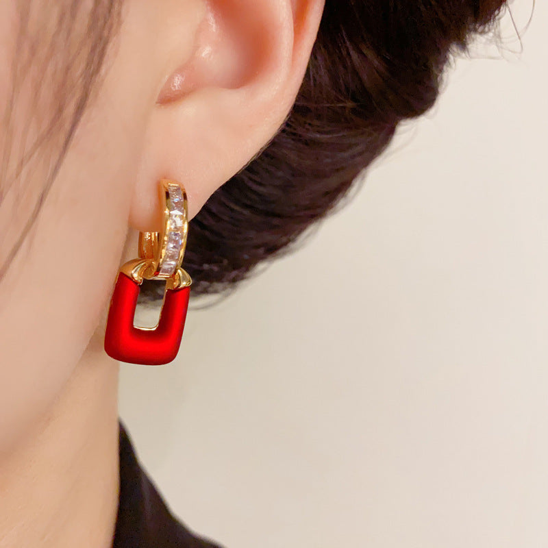 14K Gold-Plated Red Geometric Dual-Wear Earrings - Chic & Versatile