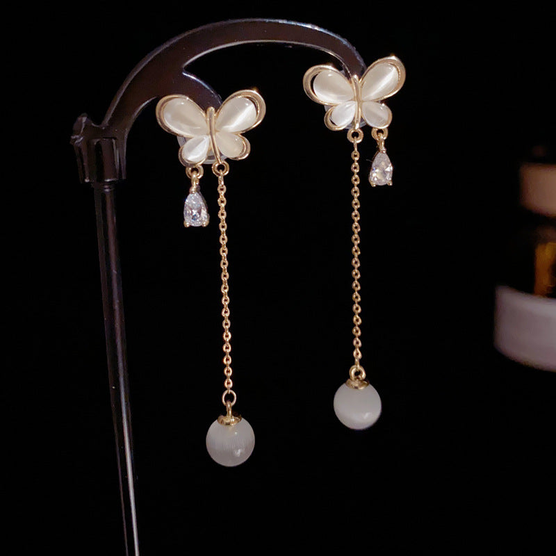 14K Gold-Plated Cat's Eye Butterfly Tassel Earrings – Elegant Design