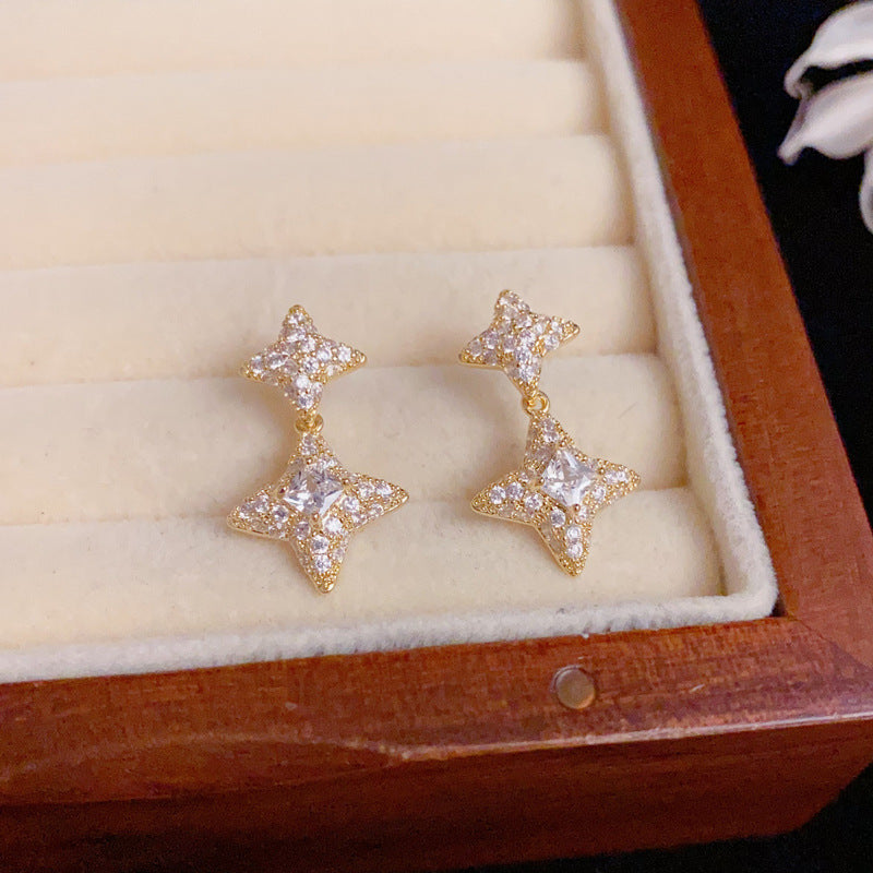 Luxury Full-Zircon Four-Point Star Drop Earrings – Elegant Design