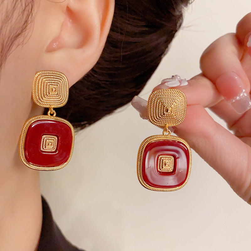 Elegant Metal Square & Red Block Drop Gold Earrings – Geometric Design