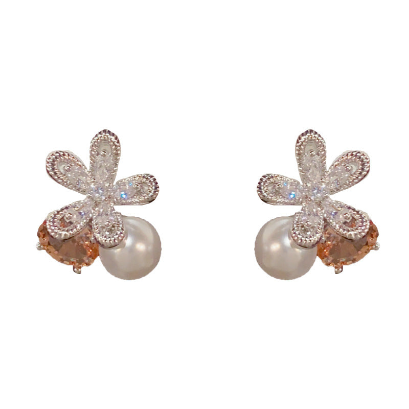 Elegant Zircon Petal Pearl Stud Earrings – French Minimalist Design