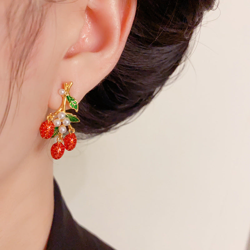 Elegant Leaf Pearl & Red Fruit Drop Gold Earrings – Geometric Design