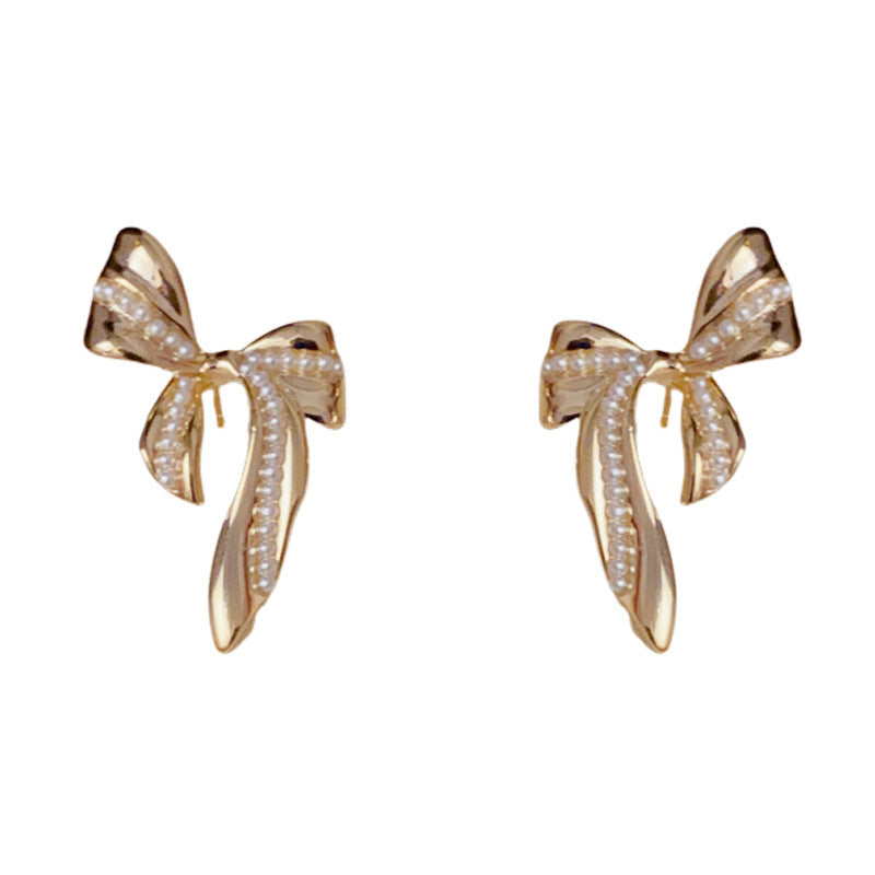 14K Gold Minimalist Pearl & Metal Bow Stud Earrings – Elegant Design