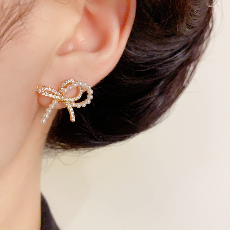 14K Gold-Plated Zircon Pearl Bow Earrings – Sweet Elegant Design