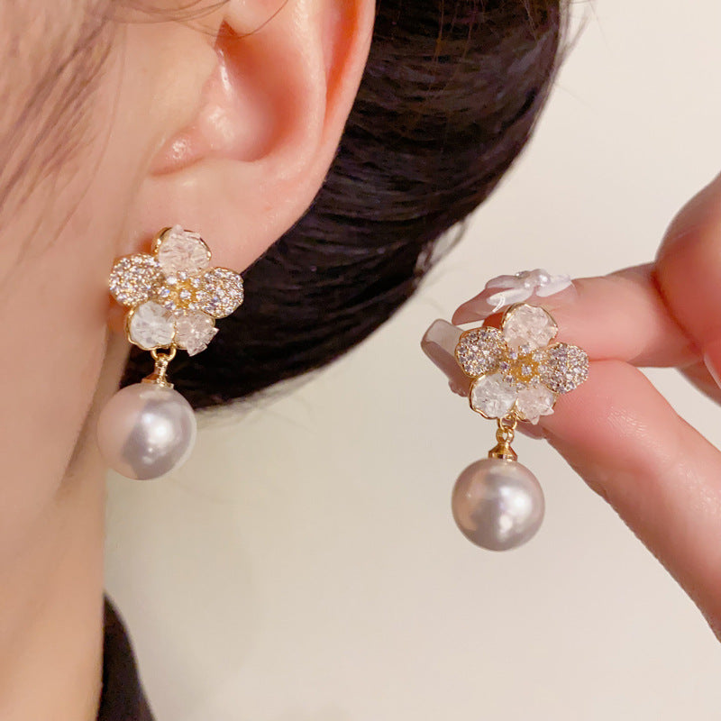 14K Gold-Plated Diamond Flower Drop Pearl Earrings – Elegant Design