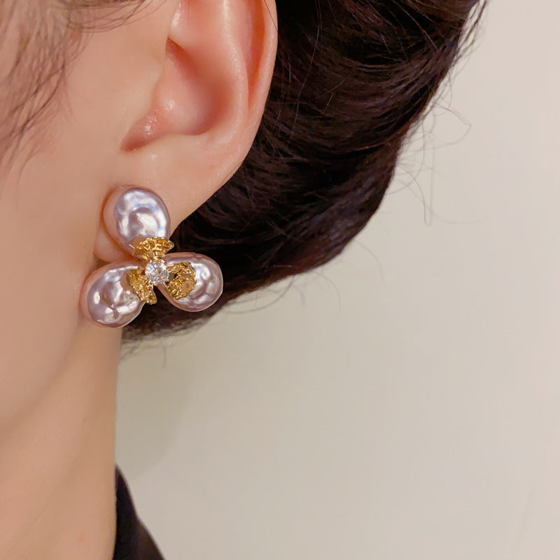 Elegant Faux Baroque Pearl & Flower Stud Earrings – Floral Design