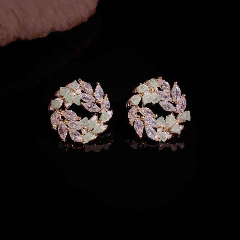 14K Gold-Plated Zircon Leaf Stud Earrings - Minimalist Chic Design