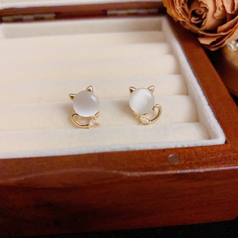 14K Gold Cat's Eye Stone Kitten Stud Earrings – S925 Silver Needle