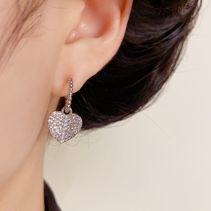 14K Gold Full Zircon Pearl Heart Earrings – Elegant Romantic Design