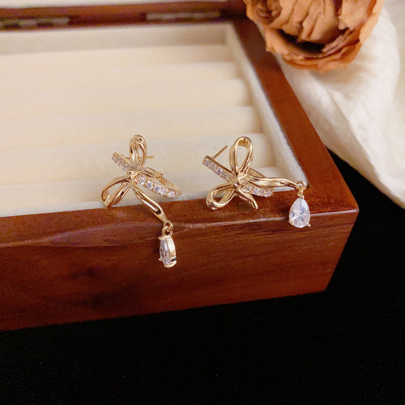 Luxury Zircon Metal Bow & Droplet Earrings – Elegant Design