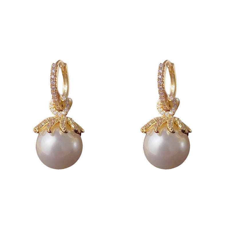 Elegant Dual-Wear Zircon Petal Pearl Earrings – Geometric Design