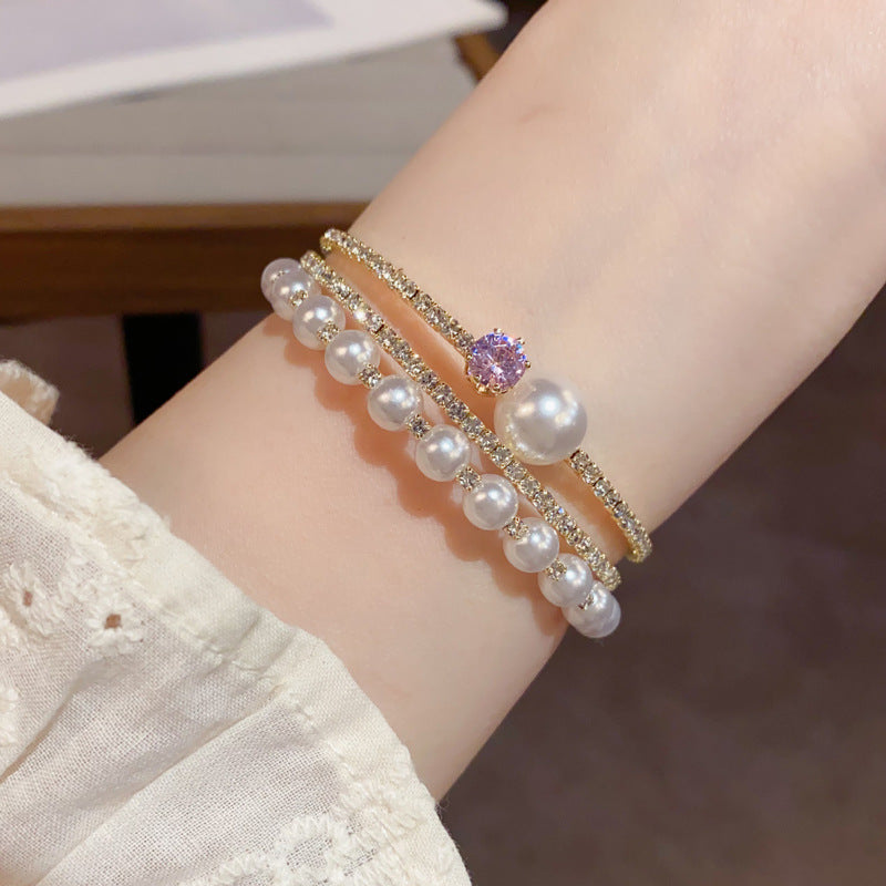 14K Gold-Plated Zircon Pearl Layered Bracelet – Chic Minimalist Design