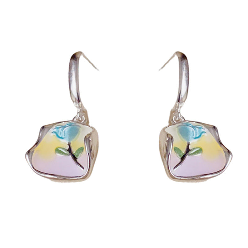 14K Gold Enamel Rose Geometric Drop Earrings – Elegant Floral Design