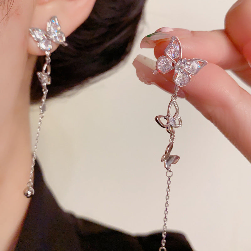 14K Gold-Plated Zircon Butterfly Tassel Earrings – Elegant Design
