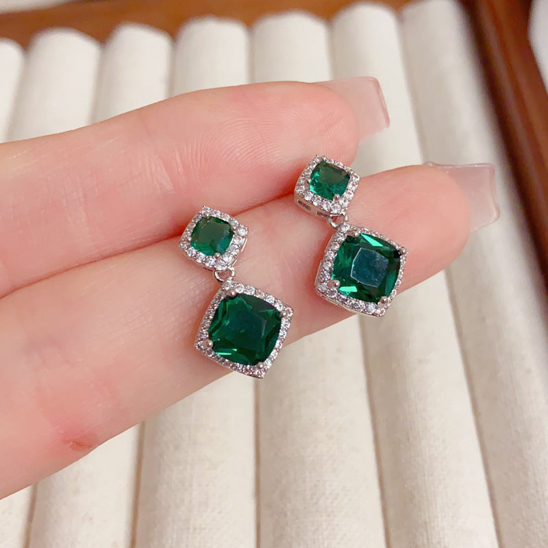 Elegant Square Emerald Zircon Drop Earrings – Geometric Design