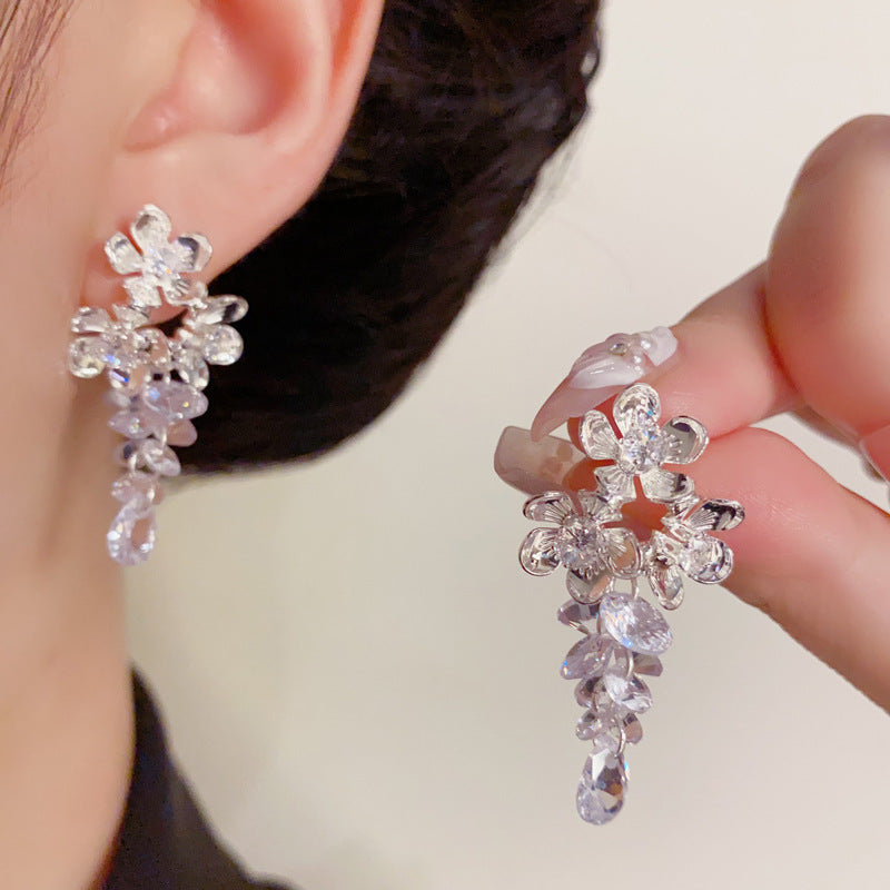 Luxury Metal Petal & Crystal Grape Tassel Drop Earrings –Floral Design