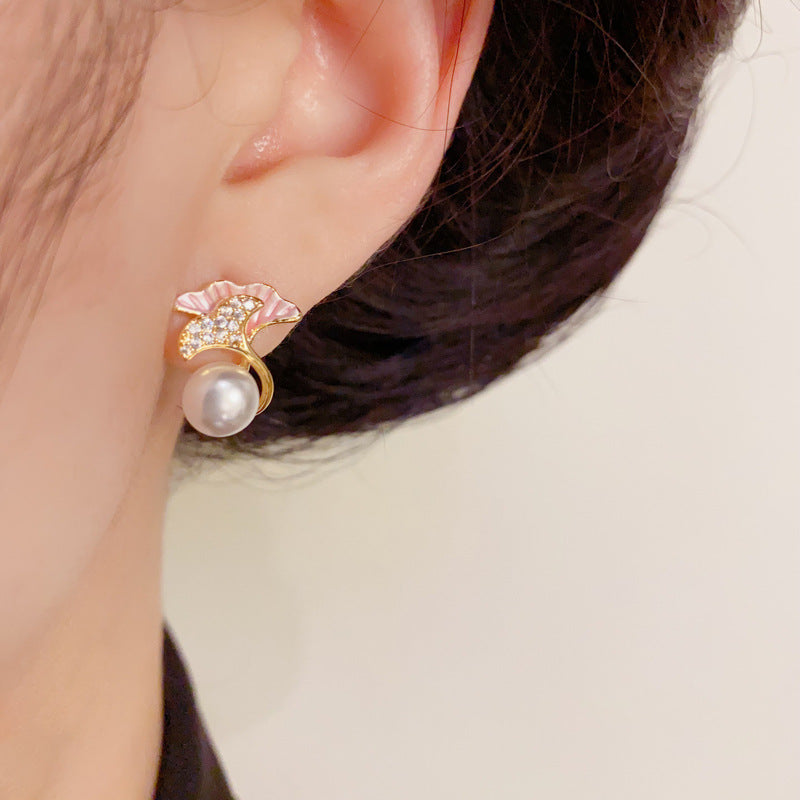 14K Gold Minimalist Double-Layer Ginkgo Leaf & Pearl Stud Earrings