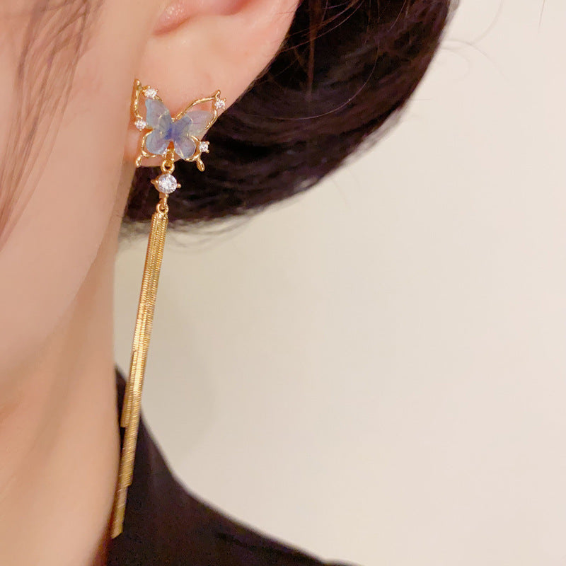 14K Gold Minimalist Blue Butterfly Tassel Drop Earrings – Long Design