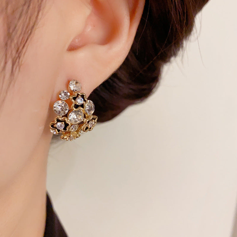 14K Gold-Plated Diamond-Studded Hollow Flower Earrings -Vintage Design