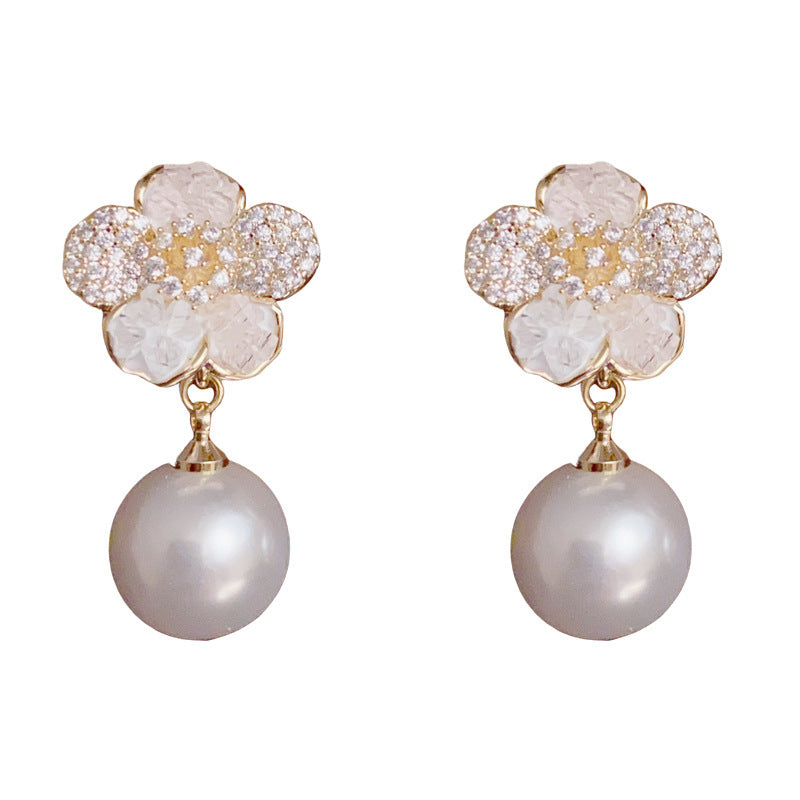 14K Gold-Plated Diamond Flower Drop Pearl Earrings – Elegant Design