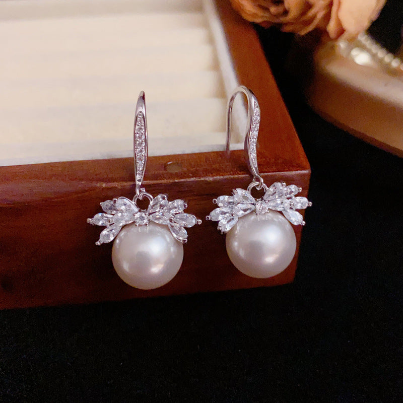 Zircon Leaf & Pearl Ear Hook Earrings – Silver Needle Floral Design