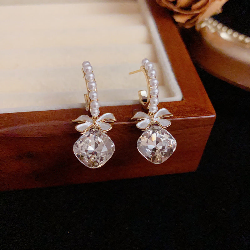 Luxury Bow Square Zircon & Pearl Drop Gold Earrings – Silver Needle