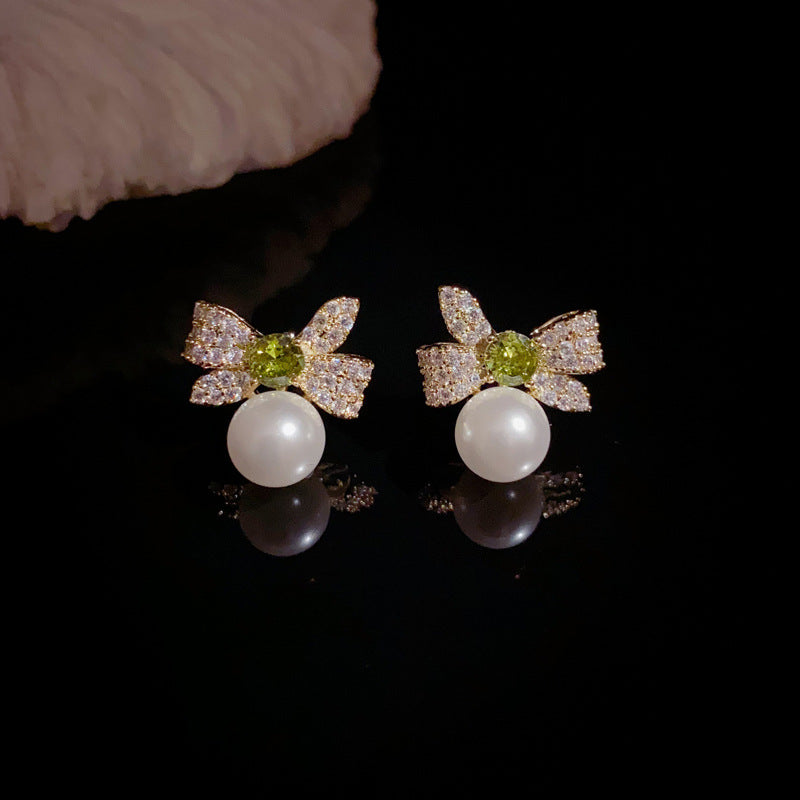 14K Gold-Plated Zircon Butterfly Knot Pearl Earrings - Elegant Design
