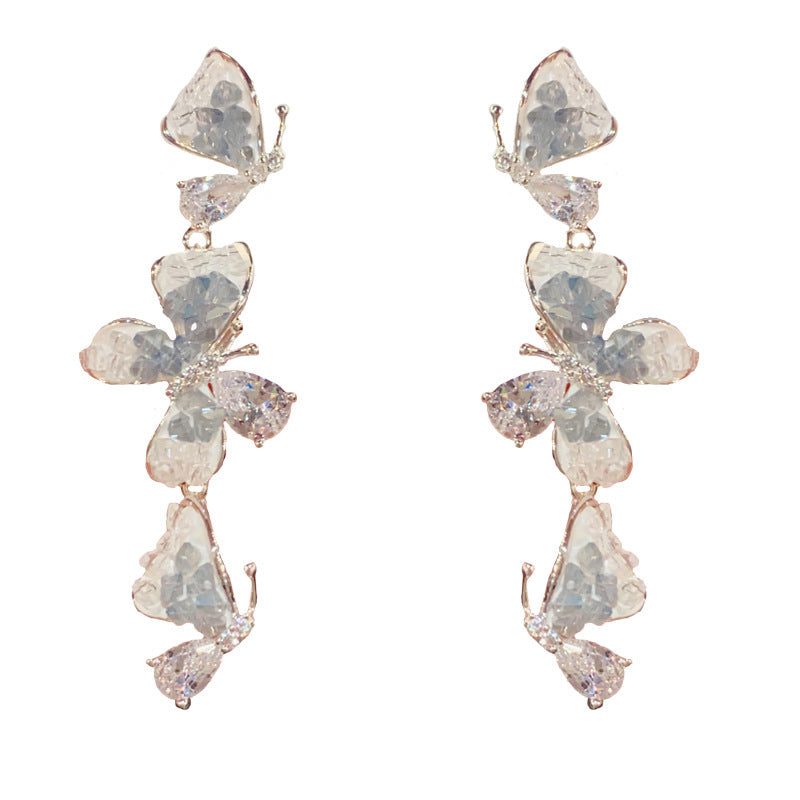 14K Gold Gradient Crystal Butterfly Tassel Earrings – Elegant Design