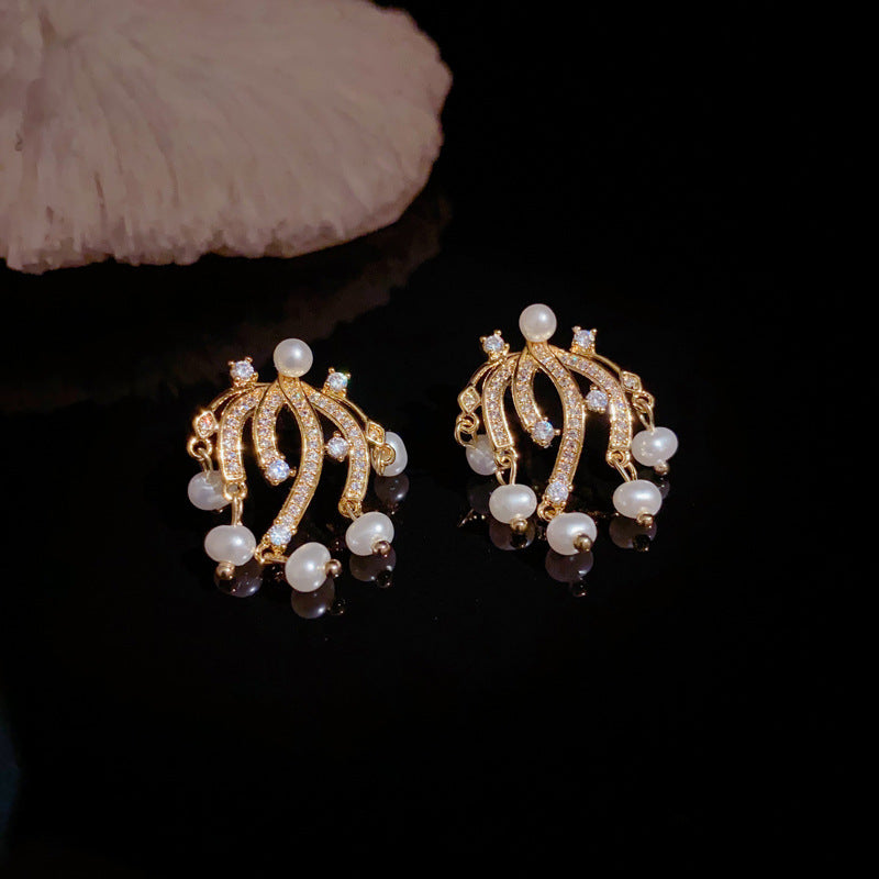 Elegant Zircon Firework & Pearl Stud Gold Earrings – Geometric Design