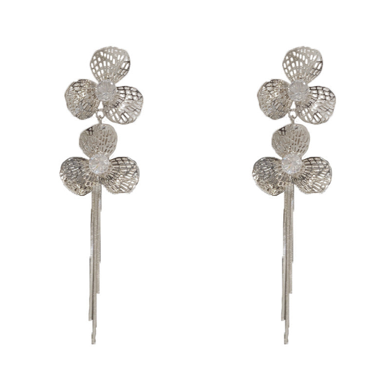 Elegant Hollow Metal Petal Long Tassel Drop Earrings – Floral Design