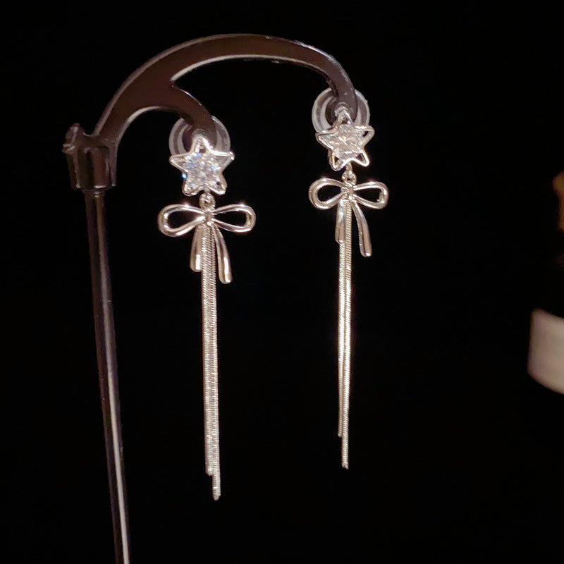14K Gold-Plated Star Bow Long Tassel Earrings - Chic Elegance Design