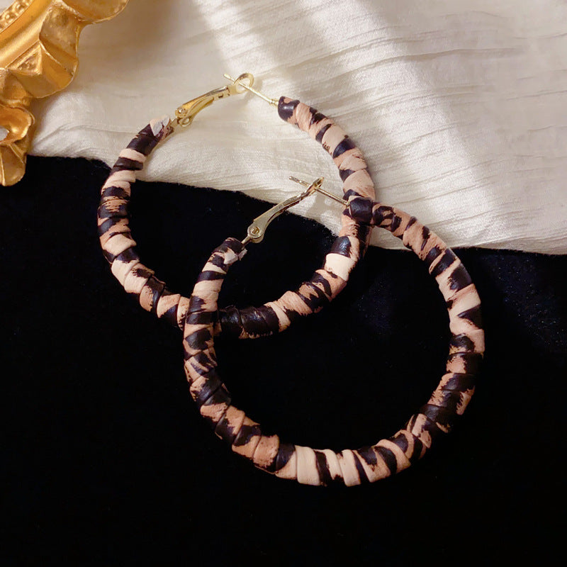 Leopard Print Faux Leather Wrapped Hoop Earrings – Geometric Design