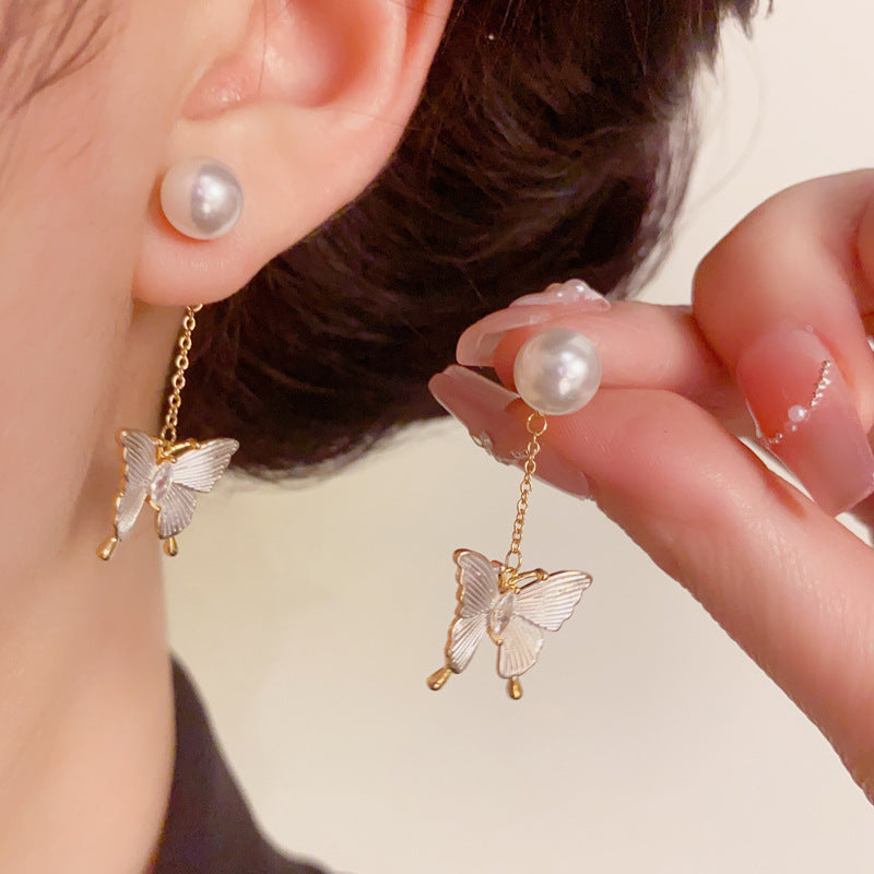 Pearl & Butterfly Tassel Front-Back Drop Earrings – S925 Silver Needle
