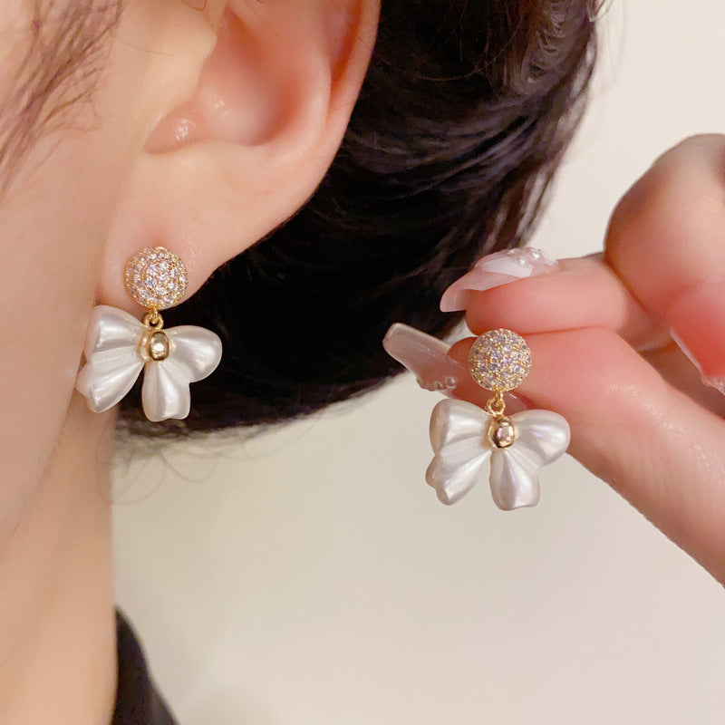 14K Gold Bow & Rhinestone Circle Drop Earrings – Elegant Chic Design