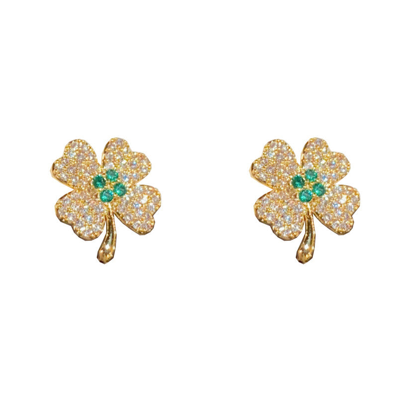 14K Gold Zircon Four-Leaf Stud Earrings - Chic Elegance Design